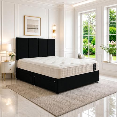 Double Divan Bed with Orthopedic Posture Support Multi-Layer Pocket Sprung Mattress Headboard & 2 Storage Drawers Plush Black Fabric 4FT6 UK Made Space-efficient Bedroom Guest & Kids Room