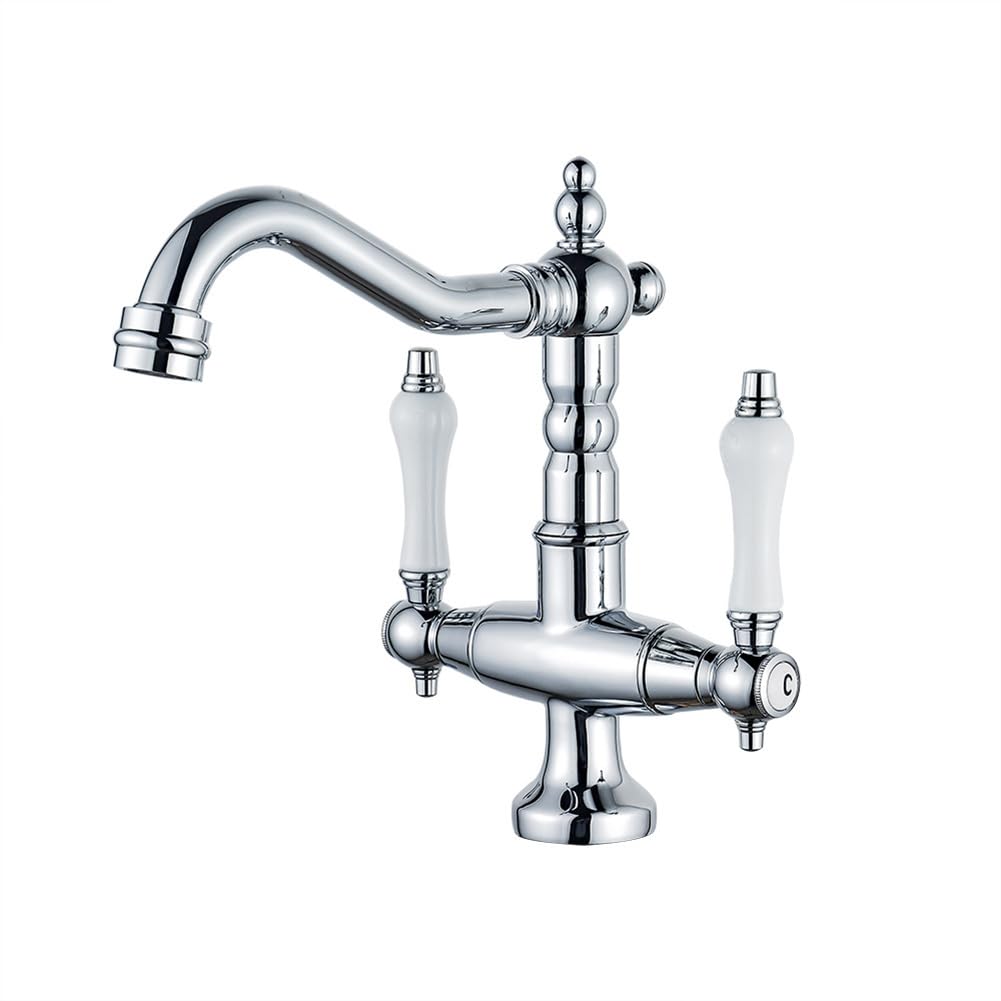 Wasserhahn Bad Waschtischarmatur Retro Antik Stil 360° Drehbar Messing Zweigriff Mischbatterie Waschbecken Armatur, Badarmatur Waschtischbatterie Badezimmer, Chrom, Silber