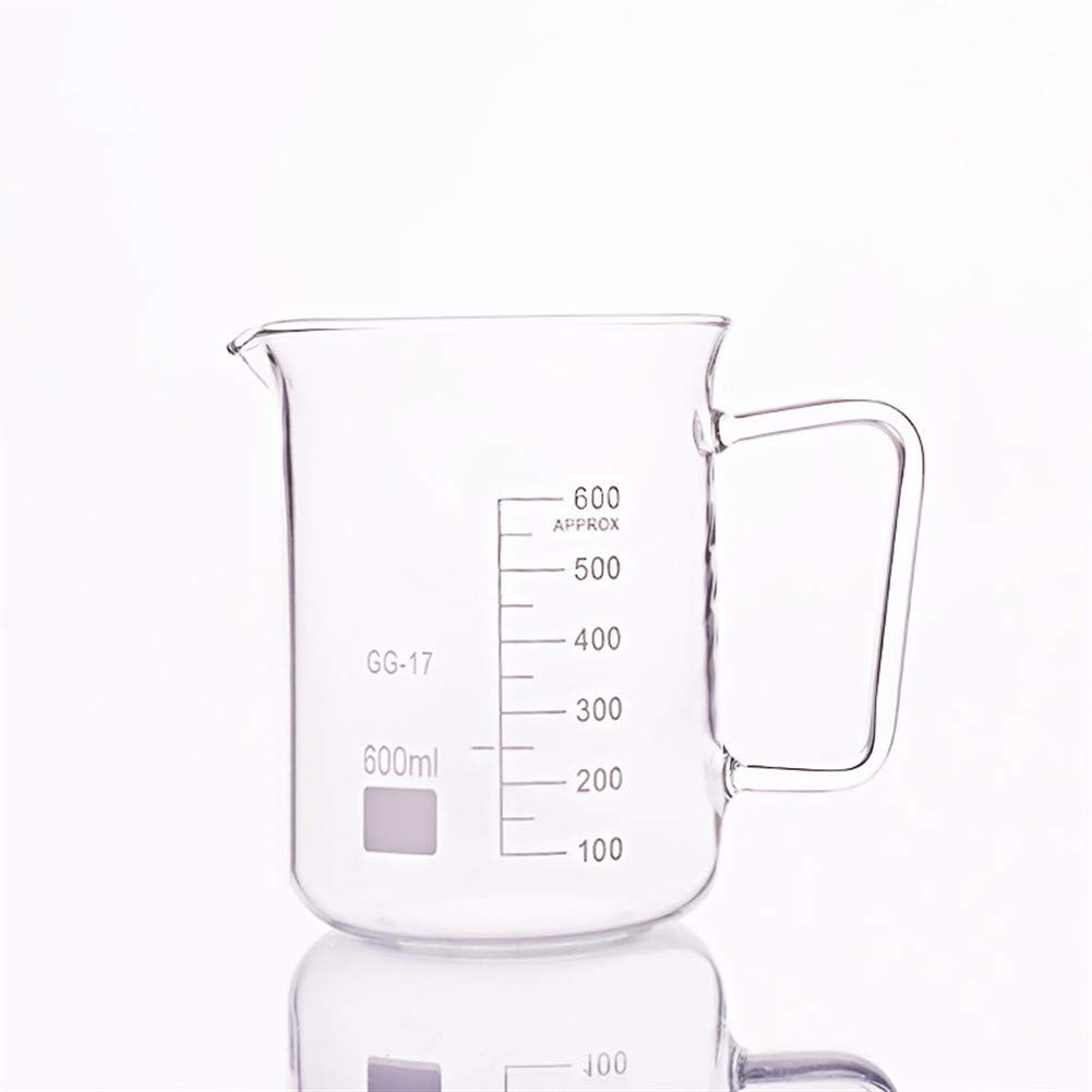 HMTE Vaso de precipitados de Vidrio de Forma Baja, Capacidad 600 ml, Diámetro Exterior = 96 mm, Altura = 127 mm, Vaso de Laboratorio con asa (Capacidad: 600 ml) (600 ml)