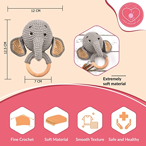 Image of Love Crochet Art Animal Shape Crochet Rattle Cum Soft Toy for Infant, Kids & Babies, Early Age Gift Toys (Elephant - Gray)