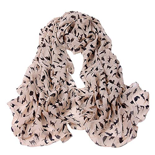 JURTEE Scarf for Women, Casual Little Cat Printed Long Stole Scarf, Holiday Vacation Travel Wrap Shawl(Khaki)