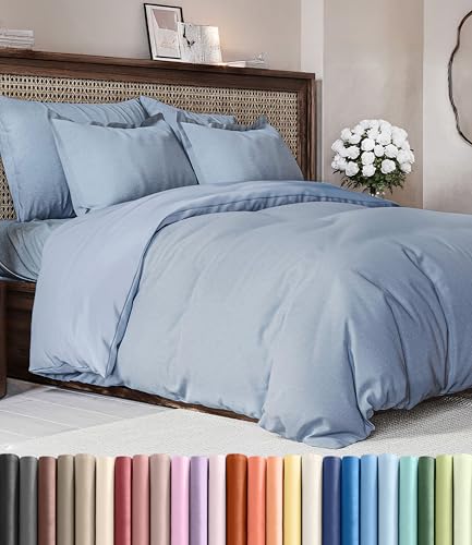 Image of Duvet Cover Full Size Set - Extra Soft Full Duvet Cover 80 inch x 90 inch with 2 Pillow Shams for Women, Men, Kids & Teens - Hotel Luxury w / Zipper Closures & Ties - Comfy, Cozy & Breathable (Heathered Blue)
