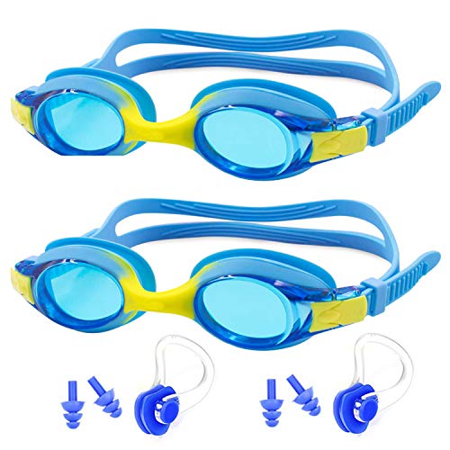 Lainrrew 2 Pcs Swim Goggles, Anti Fog UV Protection Swimming Goggles Adjustable No Leaking Swim Goggles with Ear Plugs and Nose Clips for Kids Teens Adults