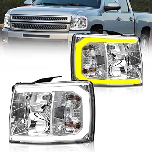 2007-2014 Silverado LED Tube w/ Sequential Turn Signal Headlight Assembly /07-13 Chevy Silverado 1500 / 07-14 Silverado 2500HD 3500HD Chrome Housing Clear Lens Clear Reflector by ADCARLIGHTS