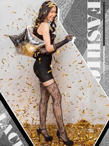 Image of Geyoga 2 Pcs Lace Fishnet Stockings Tights Floral Gloves Black Suspender Pantyhose Long Gloves for Women Halloween Cosplay