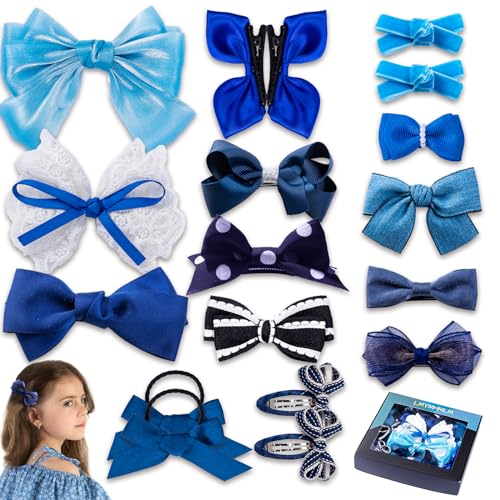LMYMHMLM 18pcs Blue Hair Bows for Girls,Toddlers,Teens,Women.Fully Lined Alligator Hair Clips,Cute Hair Ties,Non-slip Snap Hairpins,Handmade Hair Accessories Gift Set