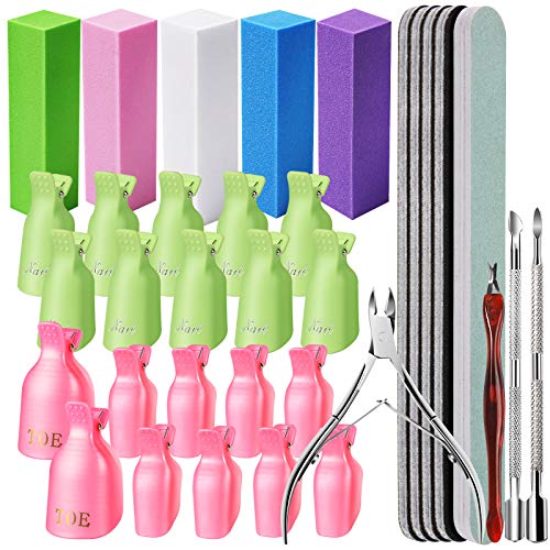 Polish Nail Remover Kit with Cuticle Tools- Masterboxan 20Pcs Fingernail and Toenail Clips, Cuticle Nipper, Cuticle Fork Trimmer & 2 Cuticle Pusher, 5Pcs Buffer Block, 5pcs Nail File 100/180 Grit