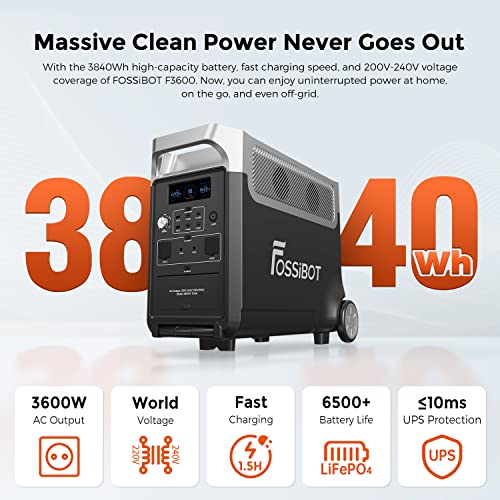 FOSSiBOT F3600 Solargenerator, 3840Wh LiFePO4 Tragbare Powerstation mit USV, 3x230V AC Ausgang 3600W (7200W Peak), Stormerzeuger 2200W Schnelles Stromspeicher Aufladen für Reise, Outdoor-Camping