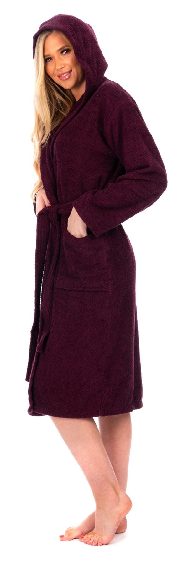 Adore Home Ladies 100% Cotton Hooded Bathrobe Terry Towelling Shawl Collar Bath Robe Dressing Gown