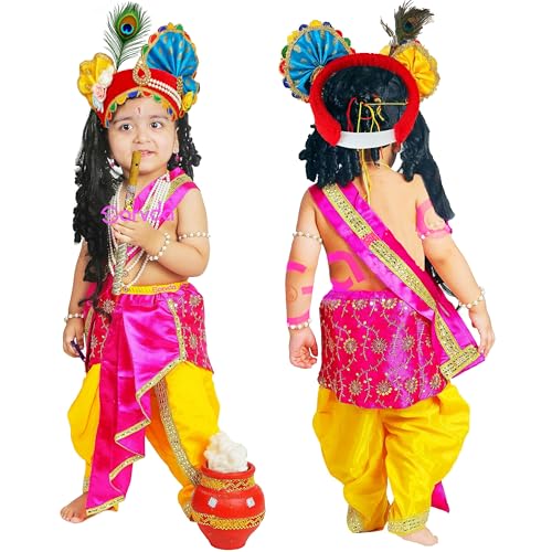 Image of Sarvda Shree Krishna Dress for Baby Boy & Radha Dress for Girls | Janamashtami Dress | Fancy Dress Costume with Accessories Dhoti, Dupatta, Mukut Flute Complete set, Ethnic wear