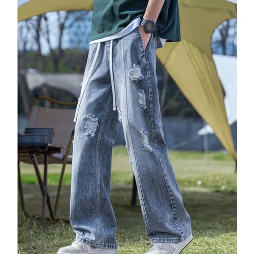Men's Straight Leg Denim Pants Comfort Distressed Elastic Waist Regular Fit Baggy Jeans3