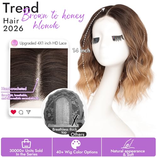Image of Eawwii Wigs for Women Brown to Honey Blonde,Short Wavy Synthetic Lace Wig | Glueless 4x1 Lace Hairline, Heat-Resistant Fiber,Bob Wave Style,Natural Appearance for Everyday Cosplay 14 Inch