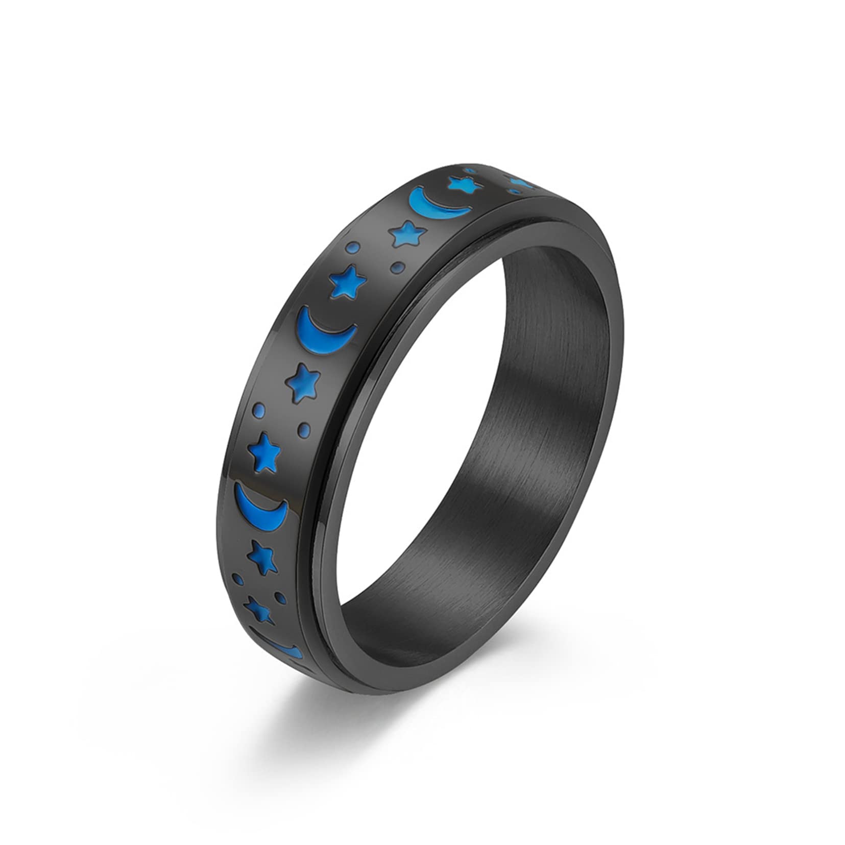 Yifnny Spinner Rings, Stainless Steel Moon and Star Fidget Ring Stress Relieving Ring Engagement Promise Luminous Ring for Women Men (Luminous Glow- Black, 10)