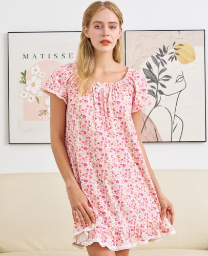 Image of Nanxson Women's Cotton Nightgown Short Sleeve Sleepwear Vintage Nightshirt