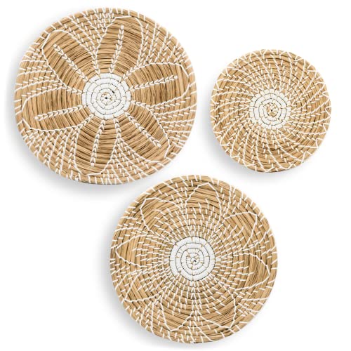 Unna Boho Wall Decor - Set of 3 Natural Seagrass Woven Basket Plates with Durable Hangers, Unique Home Decor, Woven Wall Decor, Hanging Wall Basket Decor, Wall Decor for Bedroom, Unique Wall Art