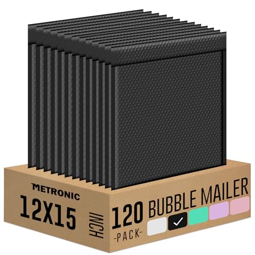 Image of Metronic Large Bubble Mailers 12x15 Inch 120Pack Black Padded Envelopes | Opaque Bubble Mailer Cushioning Waterproof Bubble Envelopes for Shipping Clothes, Books, Jewelry, Makeup Supplies