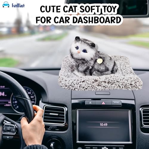 Image of FunBlast Cute Cat Plush Toy with Meow Sound, Toy Accessories for Car Dashboard & Home Decor, Realistic Cat Pet Toys with Bed, Gift for Kids (Grey+Black)