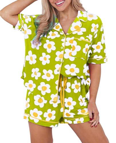 Image of KevaMolly Women Floral Notch Collar 2 Piece Holiday PJ Set | Print Short Sleeve Top, Drawstring Soft Vacation Sleep Shorts