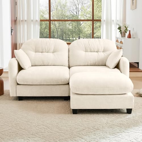 Image of KEIKI 74 inch L-Shaped Oversized Chenille Modular Sectional Loveseat Sofa with 1 Ottoman, High-Density Foam Cushions, Tufted Pleated Cushion Backrest, 2-Seater Couch with 2 Pillow, for Living Room, Beige