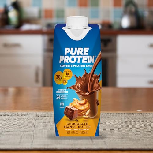 Image of Pure Protein Complete Protein Shake, Chocolate Peanut Butter, 30g High Protein Drink, Less than 1g Sugar, 3g Fiber, Ready to Drink, Non GMO, On-the-Go Shakes, 11oz Bottles, 12 Pack