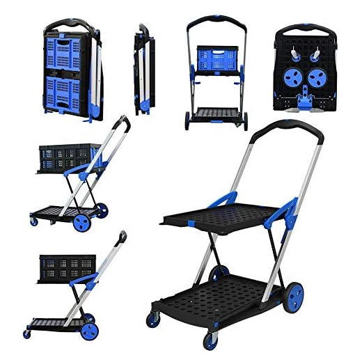 BYKCO Utility Cart,Multi Use Functional Collapsible Carts with Shopping Basket, Double Layer Platform with Stiffener Bar Hand Truck Handle 200lbs, Foldable Portable in Trunk Travel Food Delivery