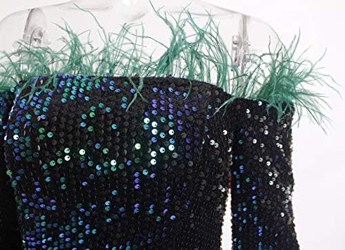 Romagic Off Shoulder Feather Long Sleeve Sparkle Sequin Floor Length Evening Party Dress - Image 6