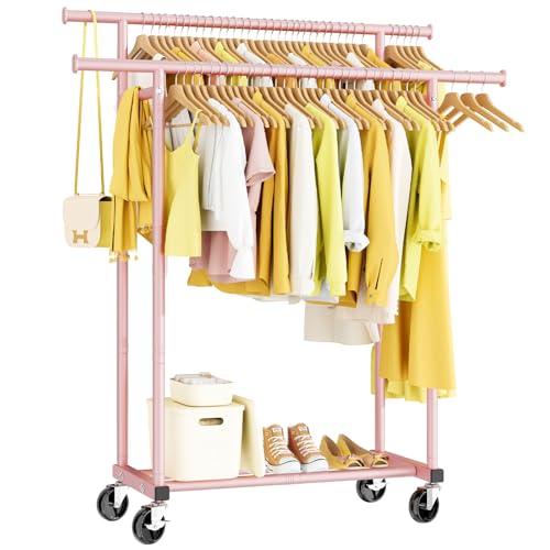 Double Rods Clothes Rack, Sturdy Rolling Clothing Rack, Portable Clothing Racks for Hanging Clothes - Metal Garment Rack Wardrobe Coat Rack for Bedroom Laundry Living Room, Pink