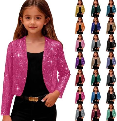 Girls Long Sleeve Sequin Open Front Cardigan Shrug Bolero Dress Coat Spring Fall Outfits for 3-14 Years