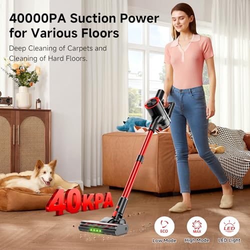 Image of Cordless Stick Vacuum Cleaner, 40Kpa Powerful Suction Vacuum Cleaner with LED Headlight, Detachable Battery, 8-in-1 Lightweight Handheld Vacuums for Pet Hair Carpet and Hardwood Floor, Red