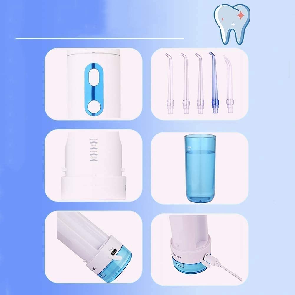 Irygator wodny, wodny środek do czyszczenia zębów z wysuwanym zbiornikiem o pojemności 200 ml, wodoodporna nić dentystyczna IPX7, nić dentystyczna z 5 końcówkami strumieniowymi