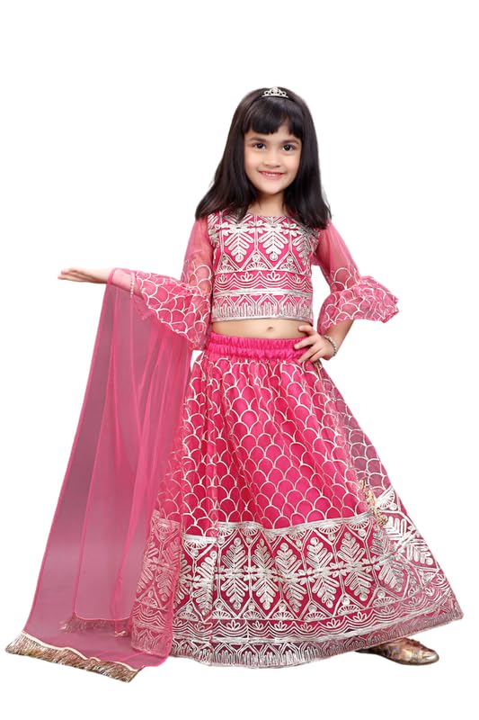 satyamfab Girl's Princess Lehenga Choli Set - Soft Net, Ribbon Embroidery With Duppata, Readymade