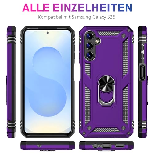 Image of Heavy Duty Case for Samsung Galaxy S25 Phone Case with Screen Protector, Military Grade Shockproof Rugged Protective Cover for Samsung S25, with Metal Ring Magnetic Kickstand (Purple)