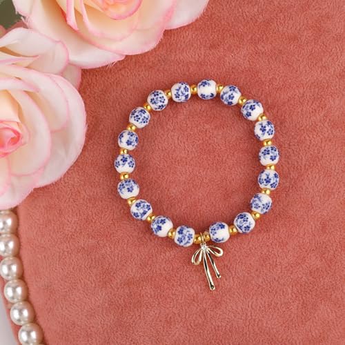 Blue and White Porcelain Beaded Bracelet, Beads Bow Charm Bracelet for Women Vintage Ceramic Bracelets Dainty Romantic Gift, Handmade Gold Beaded Jewelry for Her3