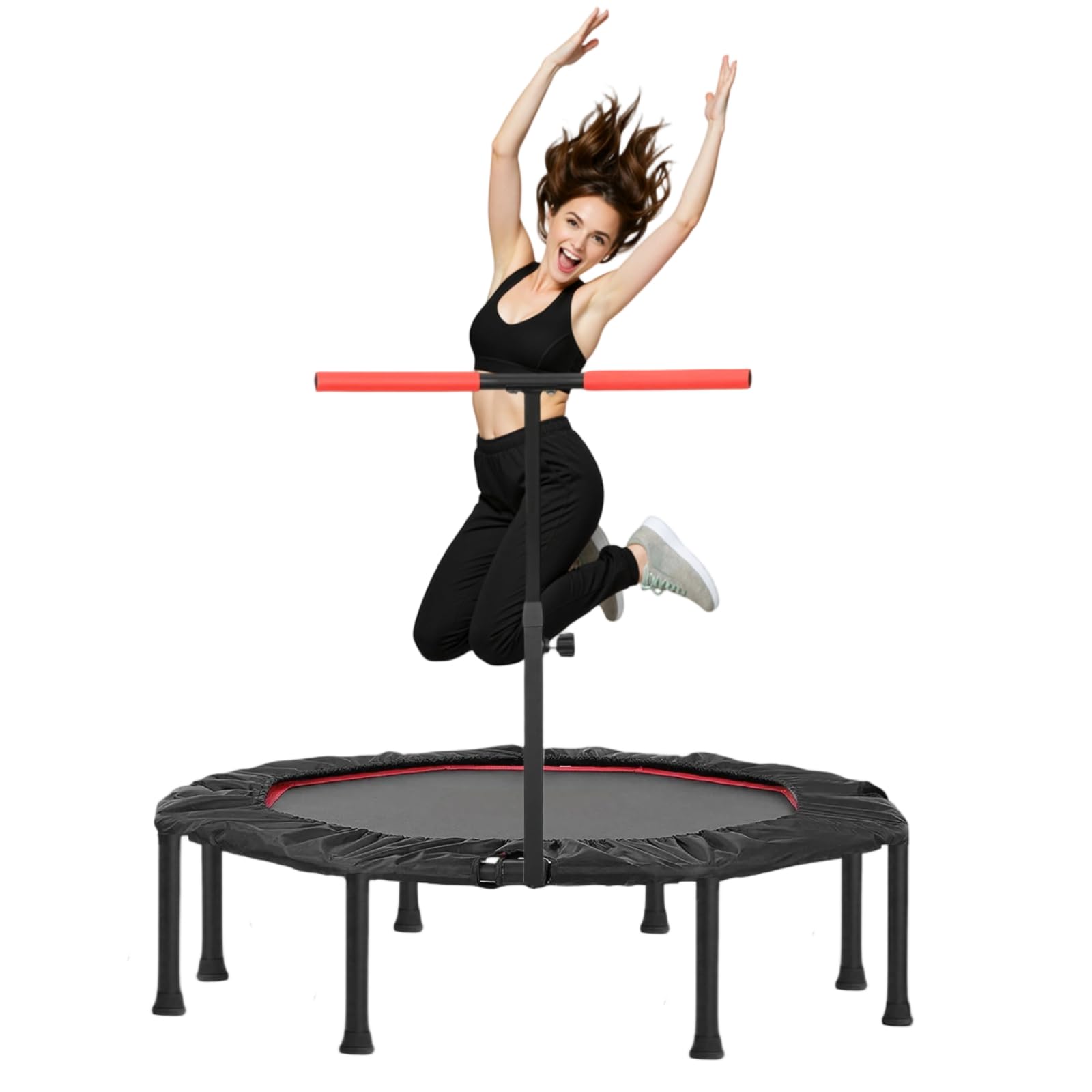 LIFERUN Mini Trampolin Indoor Erwachsene Ø128cm, Fitness Trampoline Klein,Jump Rebounder Workout,Tragfähigkeit 150kg,Stabiler Leise Gummiseilfederung,Höhenverstellbaren Griffen,Zuhause, Rot