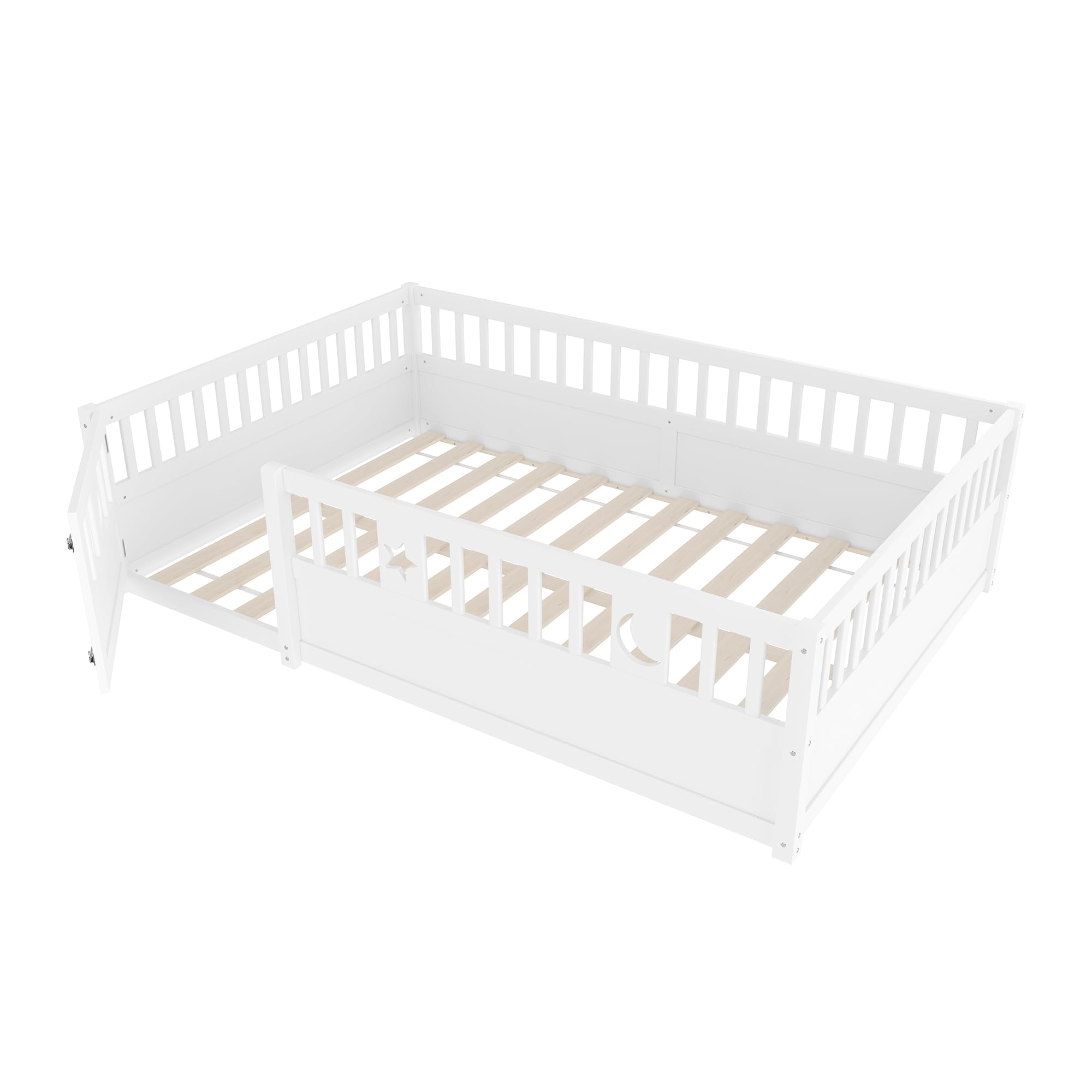 Letto per Bambini 140 x 190 con Ringhiera, Montessori Letto a Terra Bambino con Rete a Doghe, decorazione a Stella e Luna, Struttura letto in Legno di pino(Senza Materasso)