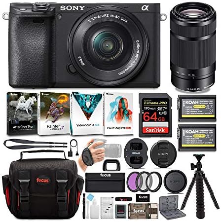 Sony a6400 Mirrorless Digital Camera Bundle : 16-50mm Lens, 55-210mm Lens, 64 GB SDXC Card, Filter Kit, Batteries, USB Charger, Corel Photo Suite, Messenger Bag, and Flex Tripod Bundle (9 Items)