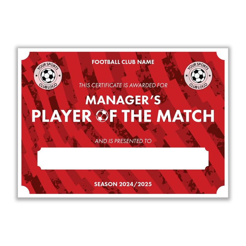 Custom Personalised Football Club Award Certificates – MANAGER’S PLAYER OF THE MATCH – Add Club Name & Logo – Youth & Adult Team Awards, Red, 100 Pack x A4