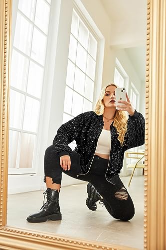 IN'VOLAND Womens Sequin Jacket Plus Size Sparkle Long Sleeve Jackets Front Zip Loose Casual Blazer Bomber Jacket with Pockets4