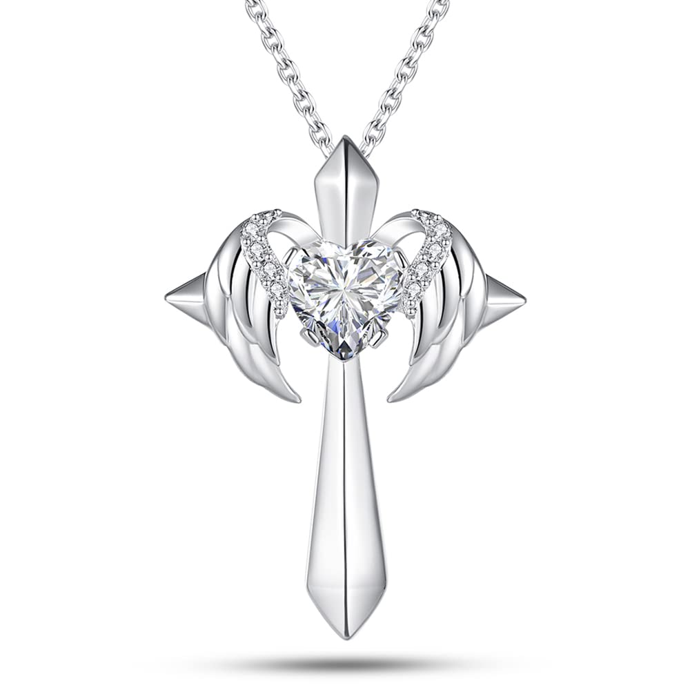 Fashion Angel Wings Cross Pendant Necklace For Women 925 Sterling sliver Cubic Zirconia Necklace Jewelry Gift