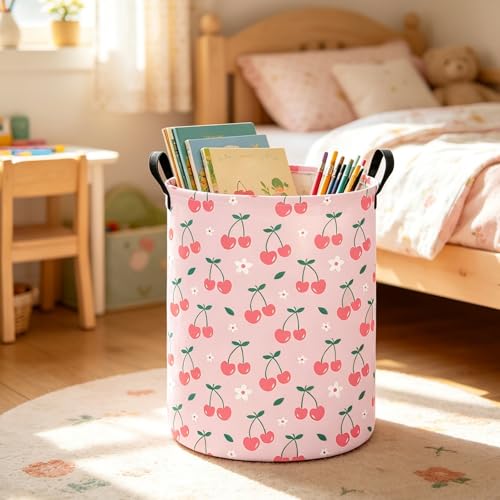 Image of Cherry Fabric Storage Bin Nursery Organizer Basket | Organizer Bin Dirty Clothes Collapsible Waterproof for College Dorms, Boys and Girls Bedroom,Bathroom