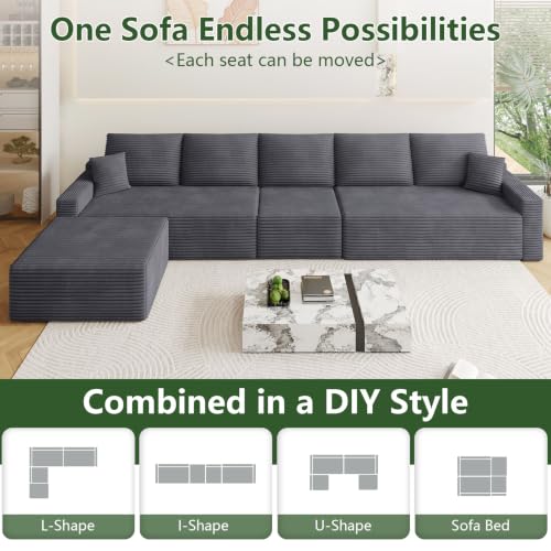 Image of Oversized Modular Sectional Sofa Couch,Large 6 Seater Corner Sofa Modern L Shaped Sectional Couch with Ottoman Cloud Couches for Living Room,Office,Spacious Space,Corduroy,No Assembly,Dark Grey