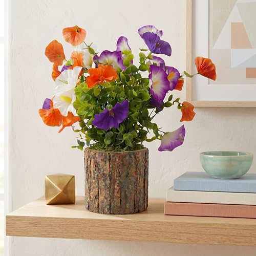 Image of Dekorly Artificial Morning Glory Flower with Real Wooden Vase (28CM Overall Height) | Decorative Lifelike Faux Floral Plant in Rustic Tree Log Pot for Living Room (Morning Glory Flower)