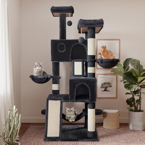 Image of SHA CERLIN 65in Larger Cat Tree Tower Condo for Indoor Kitties /Multi-Level Furniture Activity Center with Wide Base /Cozy Plush Cat Perches /Baskets /Sisal Scratching Posts and Hammock /Dark Grey