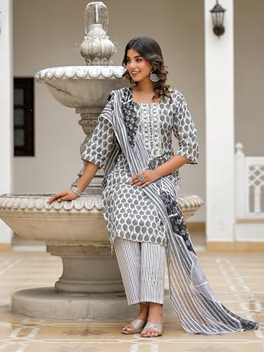 Image of Juniper Grey Ethnic Motif Printed Cotton Kurta, Pant And Dupatta Set With Thread & Mirror Work