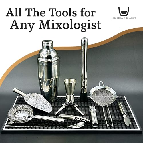 Image of Highball & Chaser 13-Piece Cobbler Cocktail Shaker Set: Black Polished Stainless Steel Bartender Kit for Home Bar Set | Laser Engraved Tools Plus E-Book with 30 Recipes (Silver)