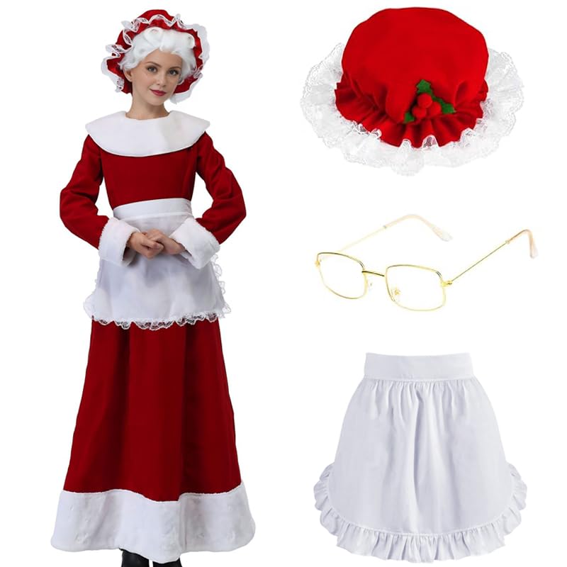 NICEYEA 3 Pcs Christmas Mrs. Claus Costumes Set with Mrs Claus Hat, Grandma Glasses, Apron for Women Christmas Party Cosplay