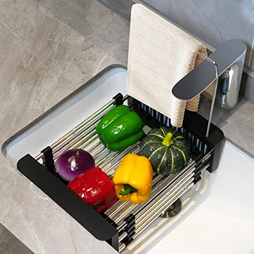 Ceuku Sink Dish Drying Rack Retractable Kitchen Sink Drying Rack With Towel Rack Stainless Steel Dish Racks For Vegetables And Fruits, In Sink Dish Drying Rack Suitable For 9"To 18" Square Sinks Upper #TOP7