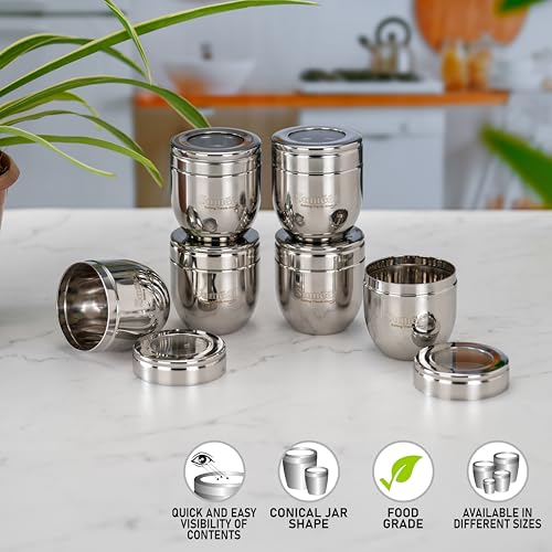 Image of Sumeet Stainless Steel Conical Shape Canisters /Dabba /Storage Containers for Kitchen with See Through Lid, Set of 6 Pcs, 150ml Each, 6cm Dia, Silver