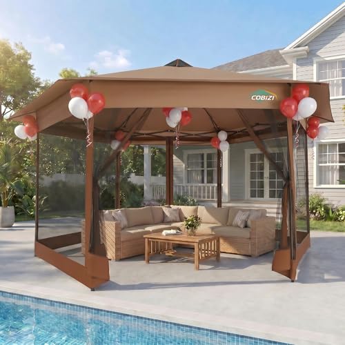 Image of COBIZI 16x16 Pop Up Gazebo Tent with Mosquito Netting, Gazebos on Clearance, Hexagonal Outdoor Canopy Shelter, Patented Center Lock 6-Sided Portable Gazebos, Pop Up Canopy Tent for Backyard, Brown