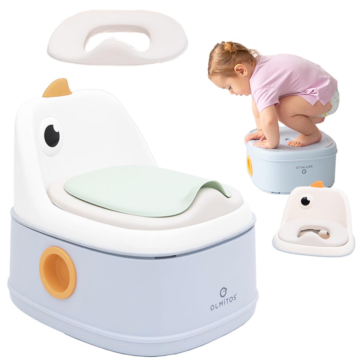 Olmitos - Orinal 3 en 1 infantil DINO de aprendizaje – 3 funciones Orinal, Reductor WC y Taburete - Vaso Extraíble, Antideslizante, Protección Contra Salpicaduras y Diseño Divertido – Versátil (Azul)